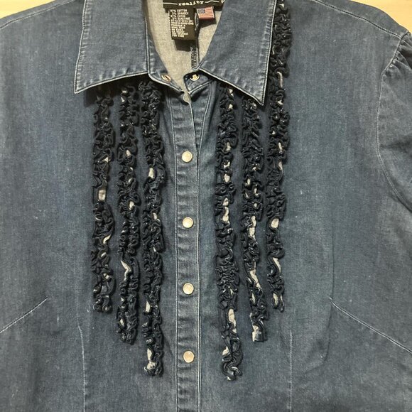 Blue denim blouse with ruffled trim - Picture 2 of 3
